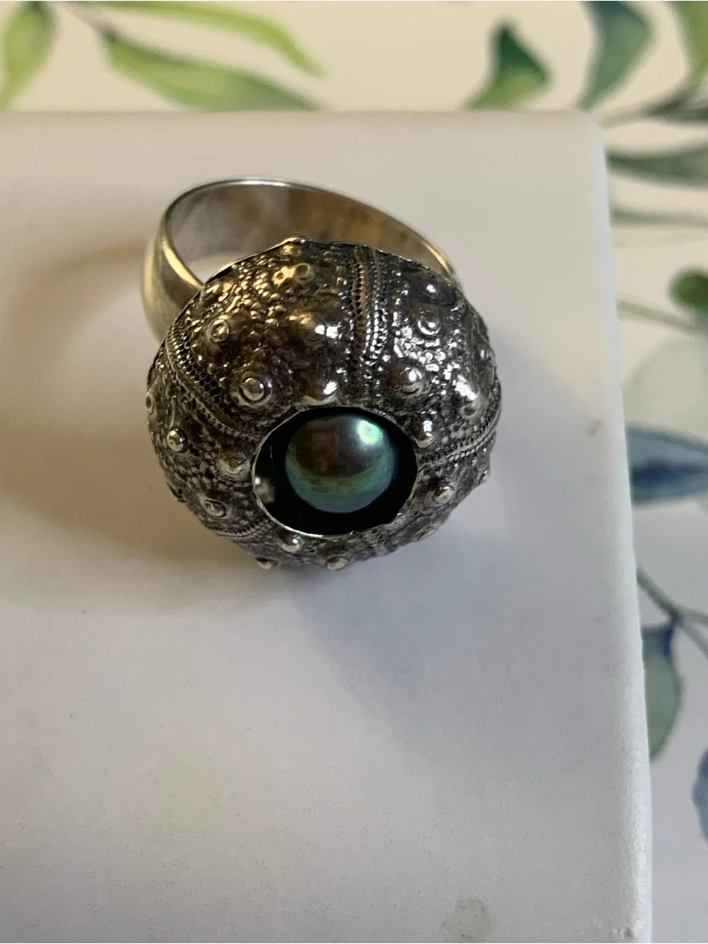 Sterling Silver Sea Urchin Style Dome  Ring with Green Center Culture Pearl